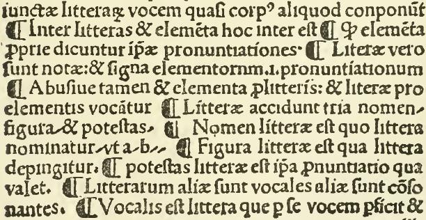 Excerpt of a page from: Villanova, Rudimenta Grammaticæ. Printed by Spindeler 1500 in Valencia (Spain). Showing several pilcrow signs in the form common at that time. Information according to: Updike, Daniel Berkeley: Printing Type - their History, Forms, and Use. Boston (USA), 1922. Vol. I, p. 107. Scan taken from: ibid., insertion after p. 108.